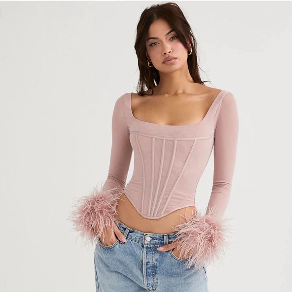 House of CB Dusty Pink Long Sleeve Corset Top with Feather Cuffs